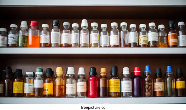 A shelf full of various medicine bottles