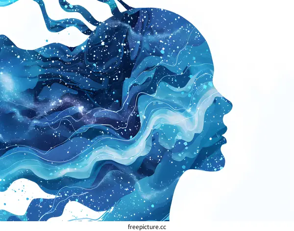 Abstract Woman Silhouette with Blue and White Swirls and Stars