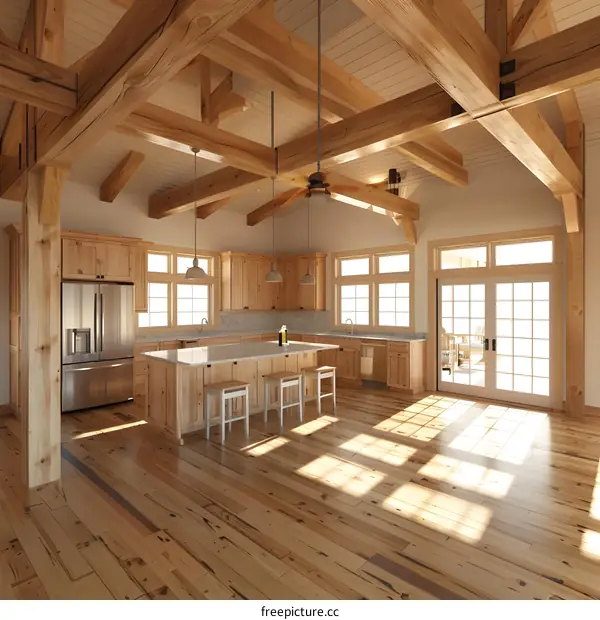 The beautiful kitchen has wood beams and a large island.