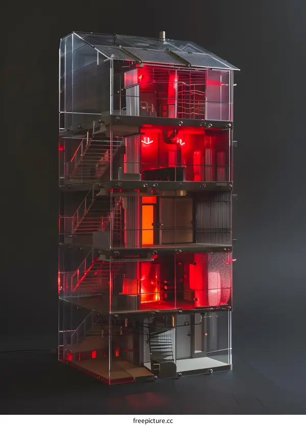 Glass Building Model With Red Lights Inside
