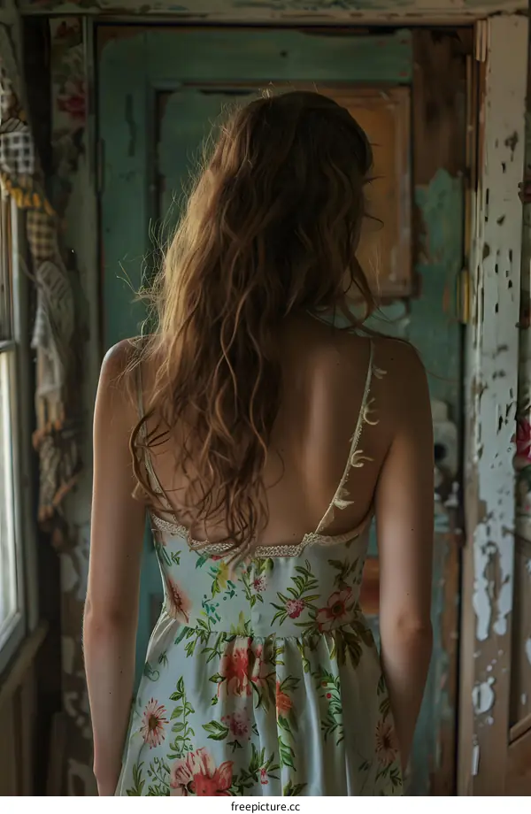A woman standing in front of a shabby door
