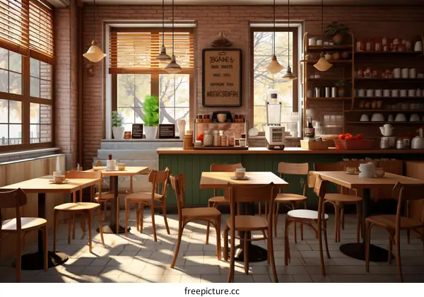 Charming Coffee Shop Interior with Brick Walls and Wooden Furnishings
