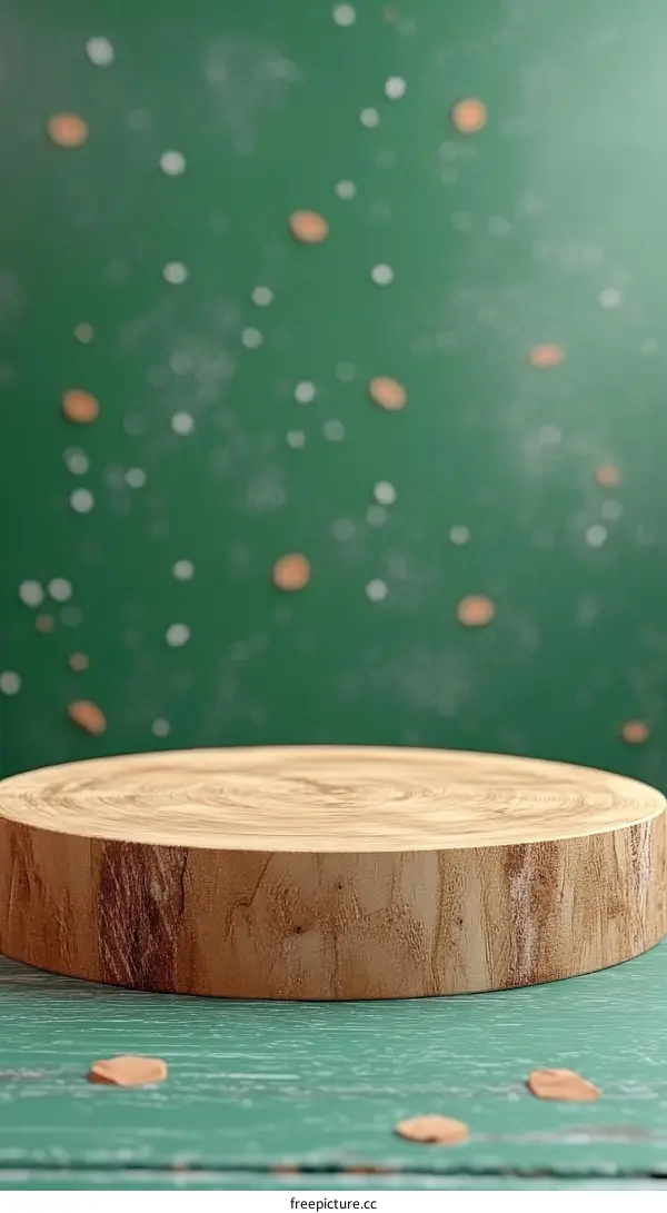 Wooden Slice Display Stand on Green Background
