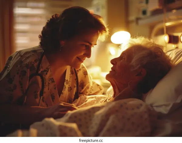Caring Nurse Giving Comfort to Elderly Woman in Hospital Room
