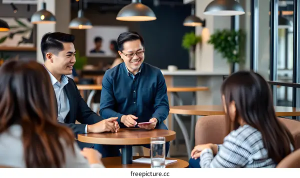 Asian Business Professionals Meeting in a Modern Office Cafe