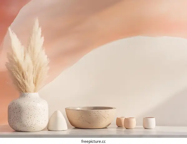 Minimalist Home Decor With White Vase, Pampas Grass And Ceramic Bowls