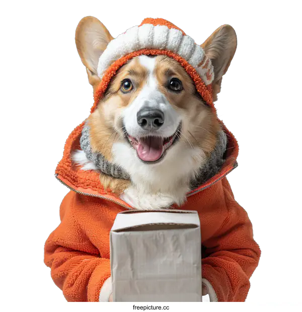 [Transparent Background PNG]Corgi Dog in Orange Winter Clothes Holding a Cardboard Box