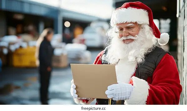 Santa Claus Checking a Package at a Distribution Center