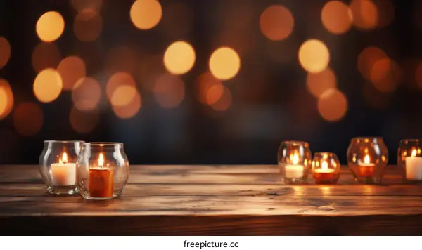 Several candles are burning on a wooden table against the backdrop of a blurred background of twinkling lights.