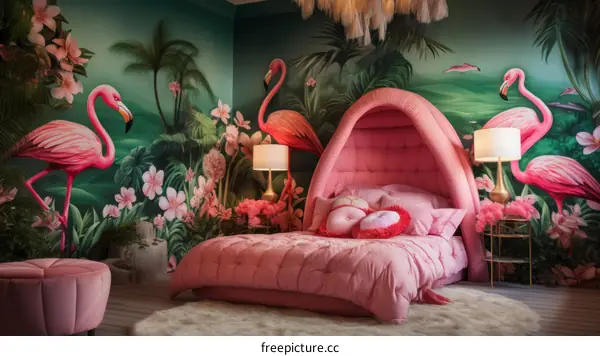 pink canopy bed in a tropical-themed room