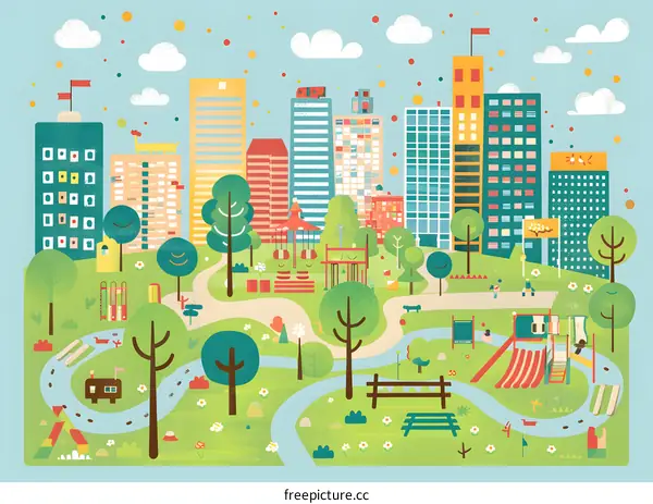 City Park with Playground and Buildings Illustration