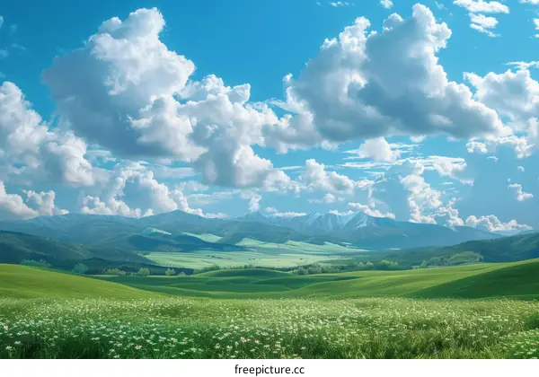 Green rolling hills under a blue sky with white clouds