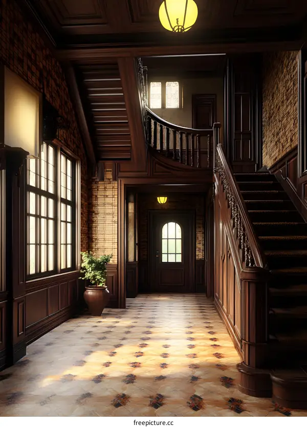 Classic Wooden Staircase In A Grand Hallway