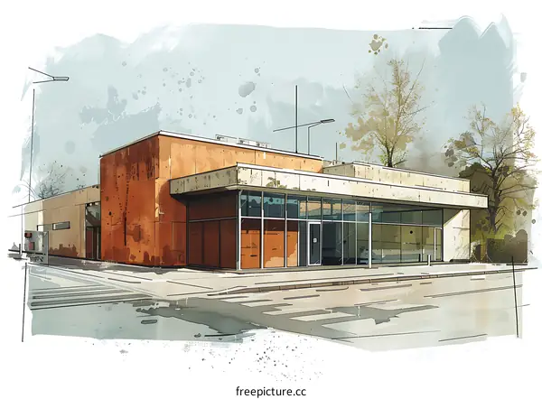 rusty building exterior with large windows