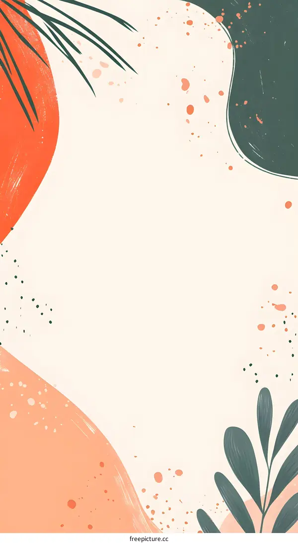 Abstract Pastel Green And Orange Background With Splashes And Leaves