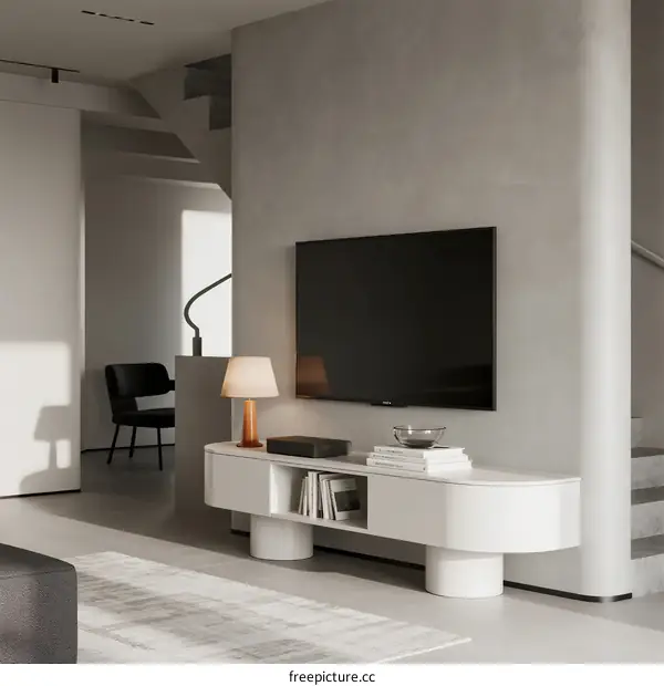Modern Minimalist Living Room with White TV Stand and Open Layout