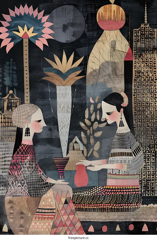 Two Women Sitting in a Garden Illustration