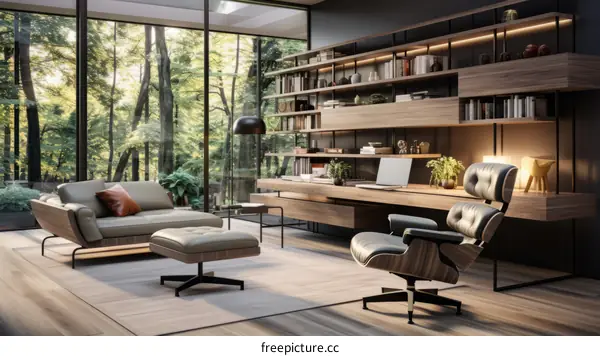 Modern Home Office with Forest View