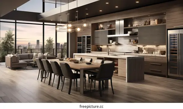 Modern kitchen with a large dining table and a view of the city
