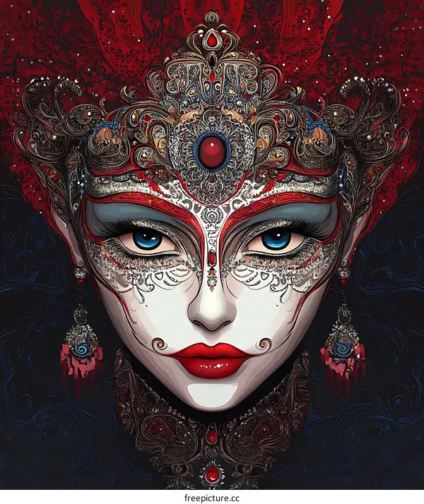 Woman in Red Feathered Mask and Ornate Headpiece