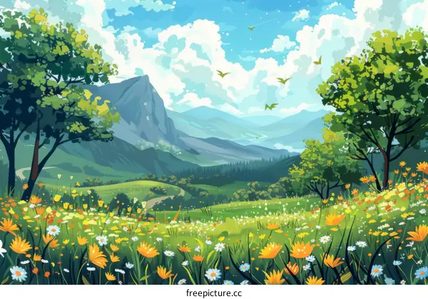 Tranquil Mountain Landscape with Vibrant Spring Blooms