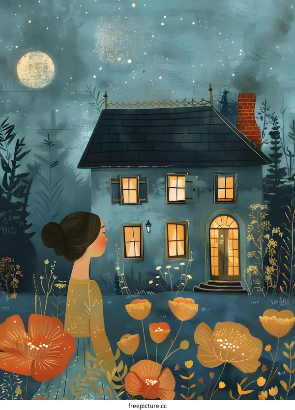 girl standing in a field of flowers looking at a house