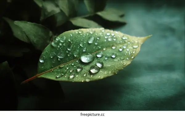 Dew Drops on a Green Leaf Close-up
