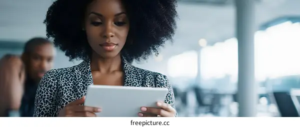 African American Woman Using Tablet In Modern Office Setting