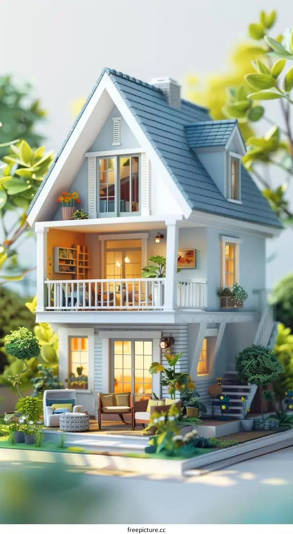 Two-Story Cottage with Garden: 3D Rendering