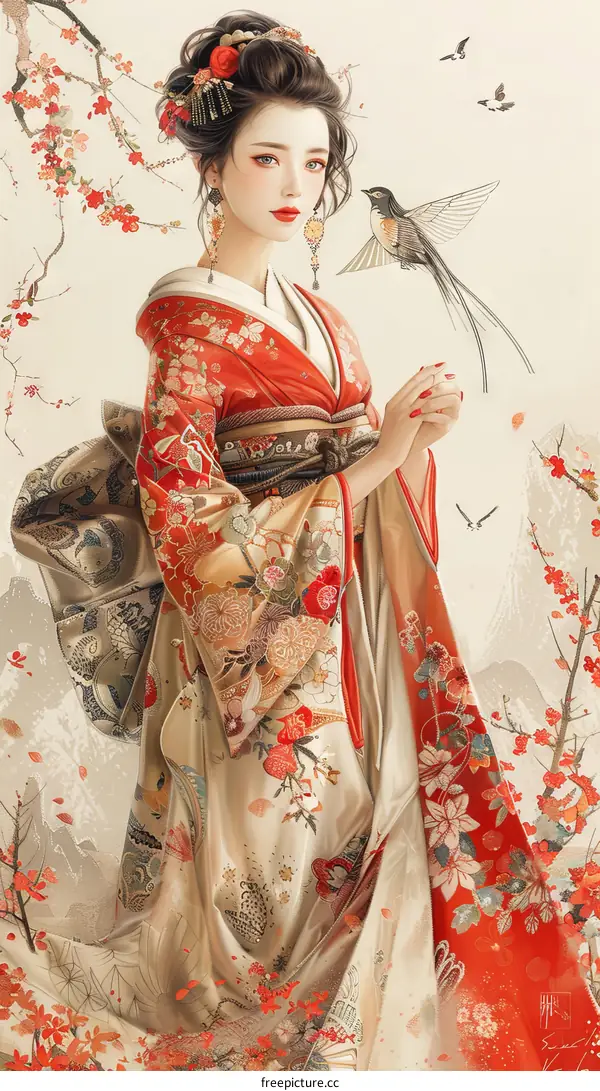 A beautiful Japanese woman in a red kimono standing in a field of cherry blossoms.