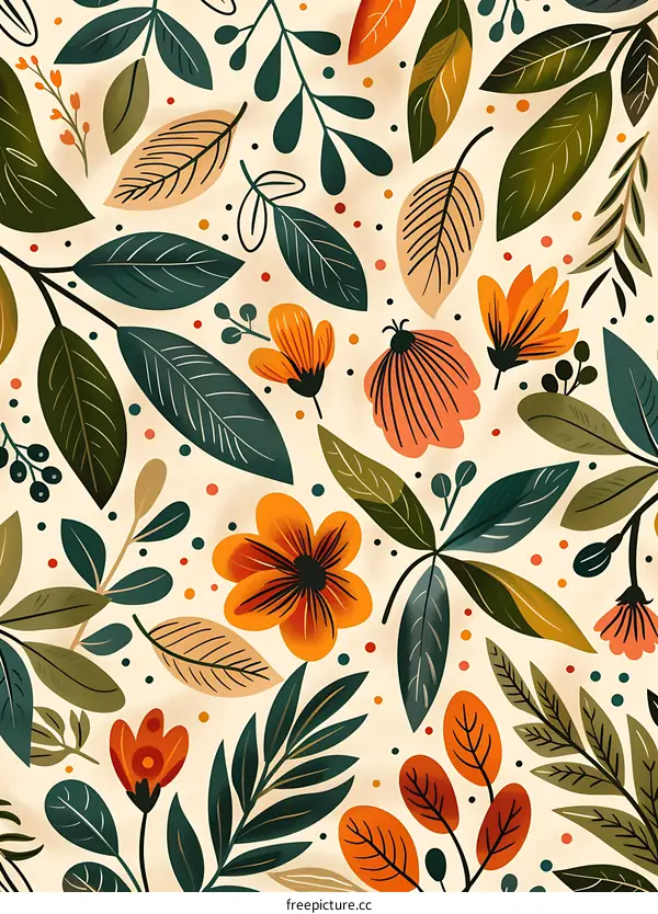Illustrated Floral Pattern with Orange Flowers and Green Leaves