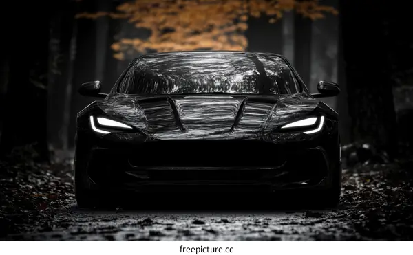 Black Sports Car in a Dark Forest Path