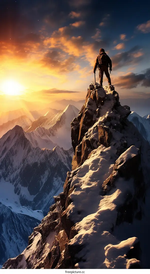 A lone mountaineer reaches the summit of a snow-capped peak as the sun sets behind him casting a warm glow