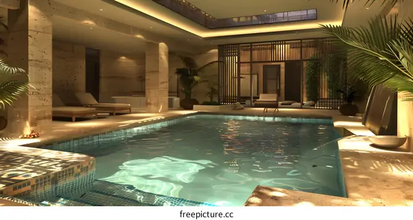 Luxury Indoor Swimming Pool with Tropical Plants and Stone Walls