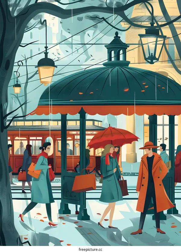 Rainy Day in the City with People Walking Under Umbrellas