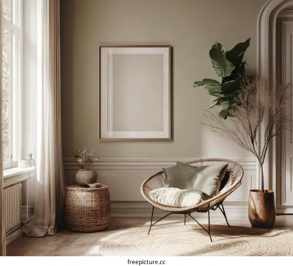 Minimalist Beige Interior Design with a Woven Chair