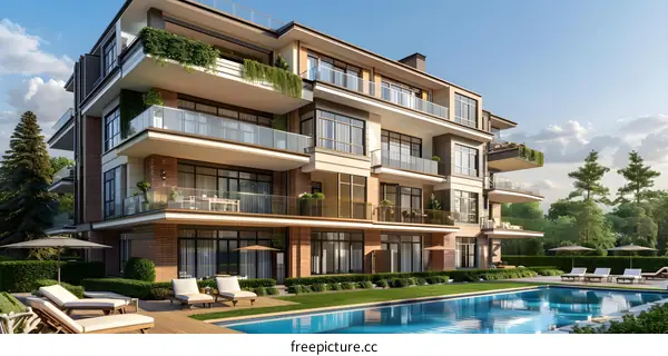 Modern Apartment Building with Swimming Pool and Green Trees