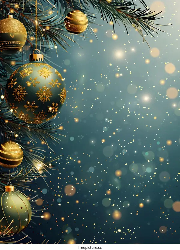 Christmas ornaments hanging on a Christmas tree branch with a blurred background