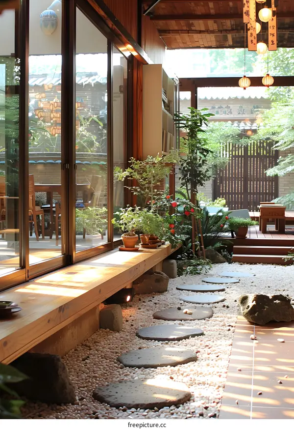 Zen Garden Design with Stone Path and White Gravel