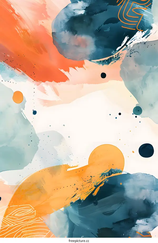 Abstract Watercolor Painting with Orange, Blue and Yellow Colors