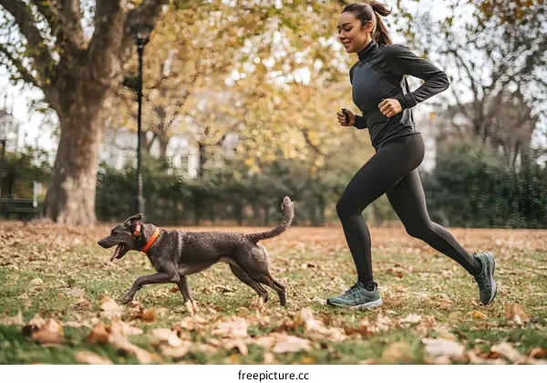 Woman Running With Dog in Autumn Park