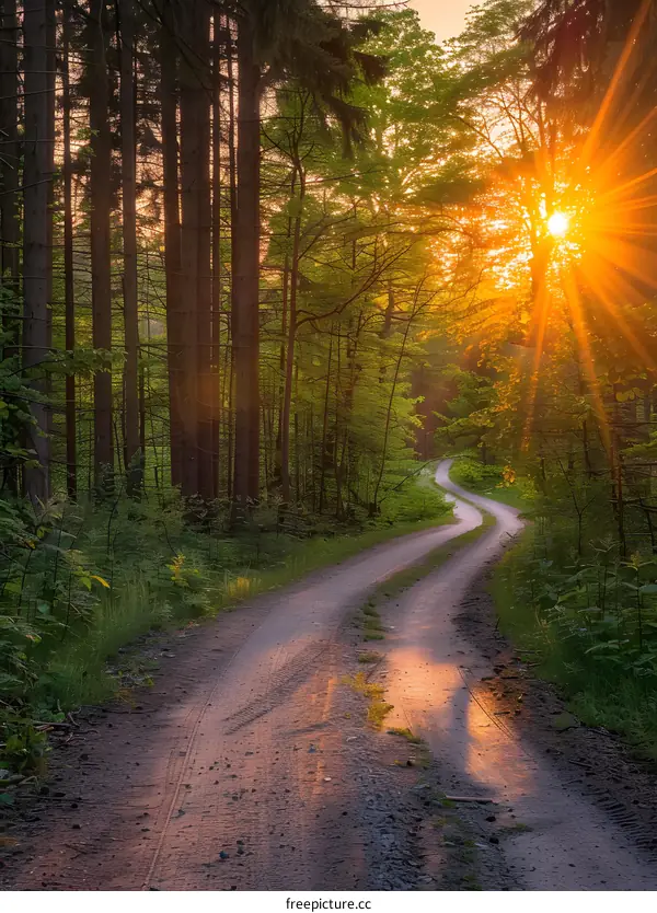 The sun shines through the trees on a winding road in the forest