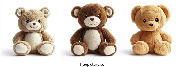 Three Adorable Plush Teddy Bears on White Background