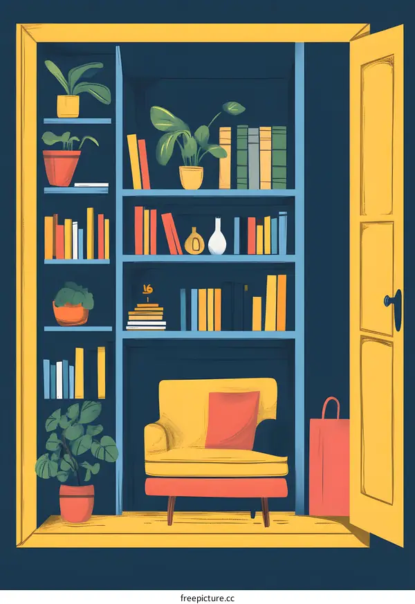 Cozy Reading Nook Illustration with Bookshelves and Armchair