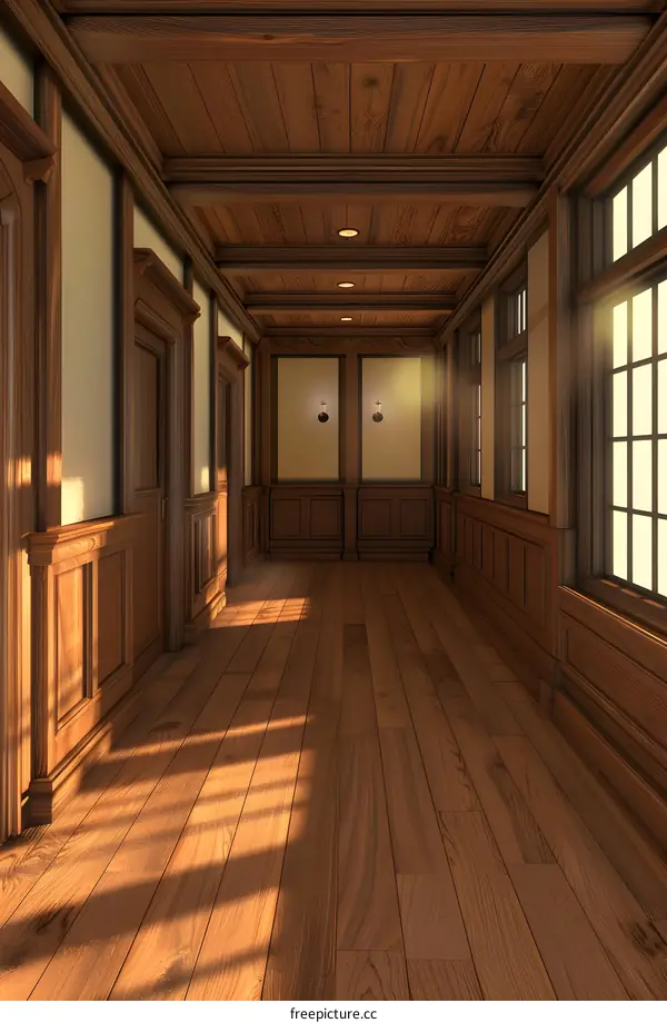 Wooden Hallway With Sunlight And Wooden Doors