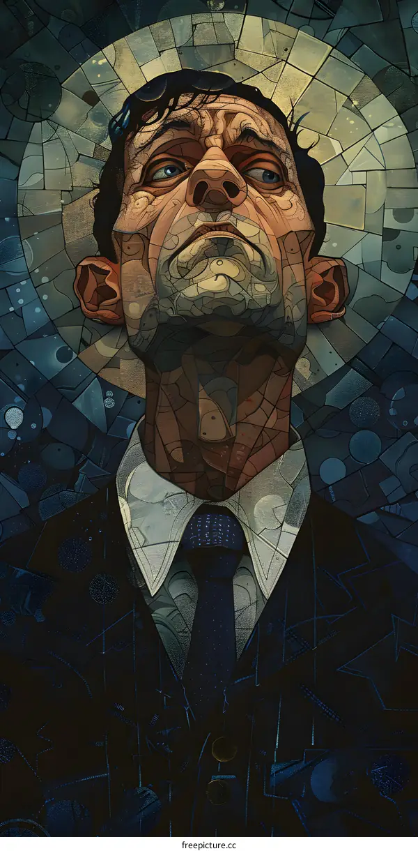 mosaic portrait of a man in a suit looking up