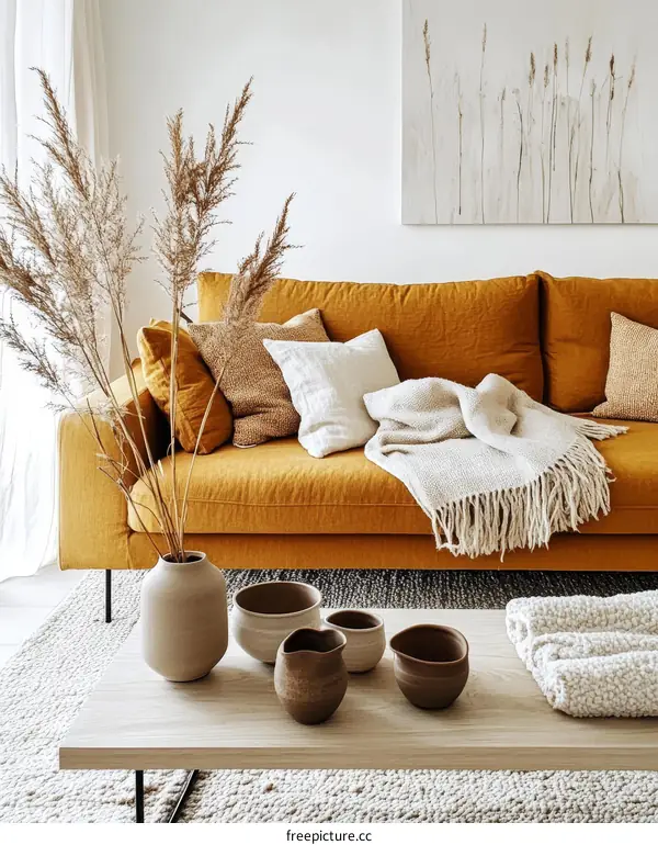 Modern Living Room with Mustard Yellow Sofa and Natural Decor