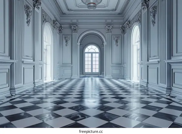 Ornate Empty Grand Hall Interior with Checkered Marble Floor and Arched Windows