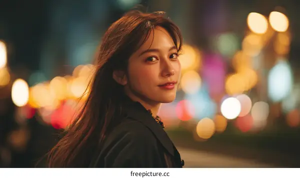Asian Woman in Night City Bokeh Portrait