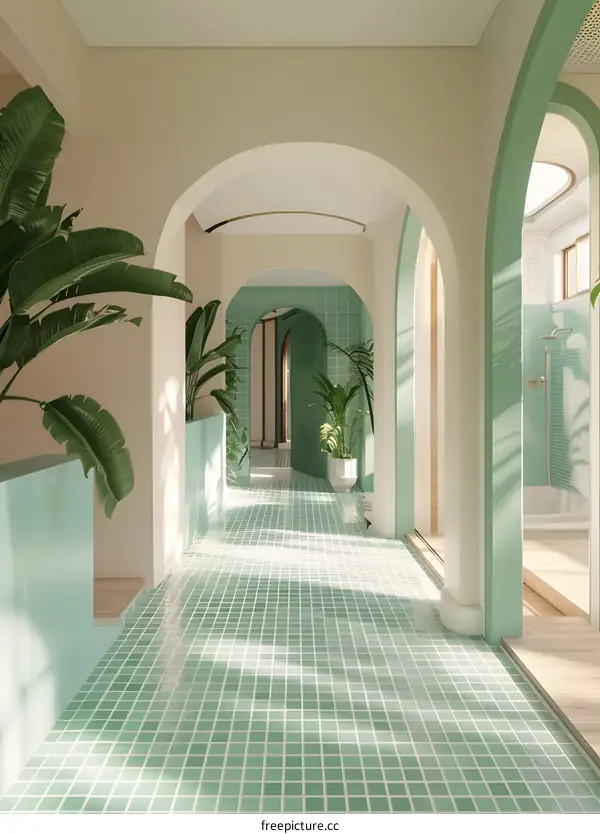 Green Tiled Corridor with Arched Entryways and Sunlight Streaming In